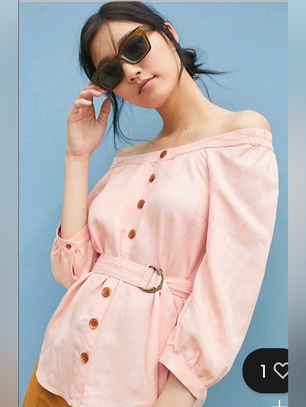Maeve Anthropologie Alanis Belted Blouse Pink Peach Off Shoulder Size 6